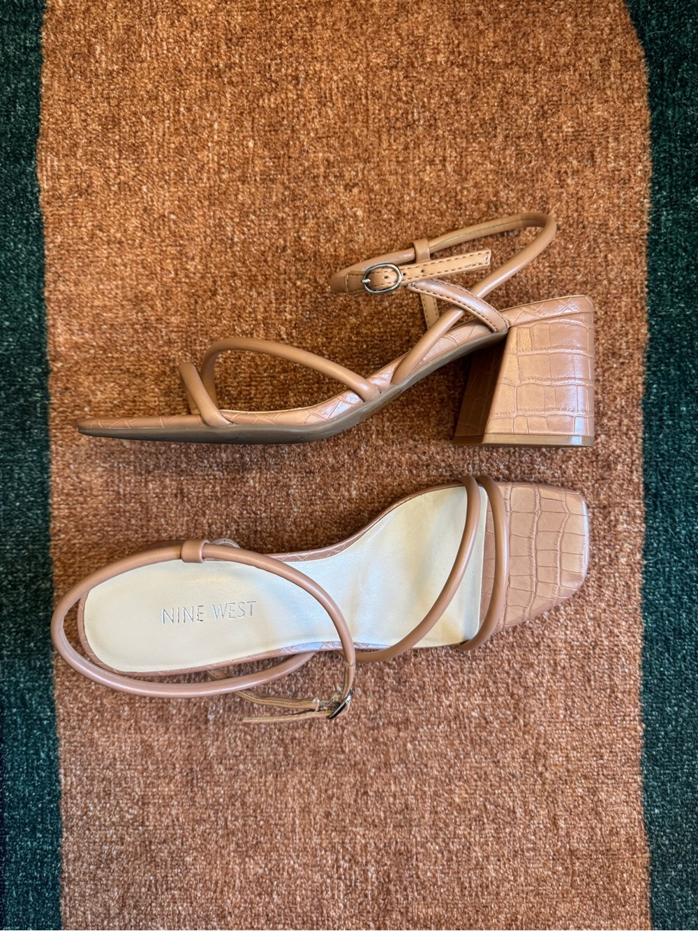 Nine West Croc-Embossed Strappy Block Heel Sandals in Tan